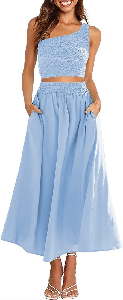 ANRABESS Women's 2 Pieces Outfits Summer Casual One Shoulder Crop Top Beach Vacation Long Skirt D... | Amazon (US)
