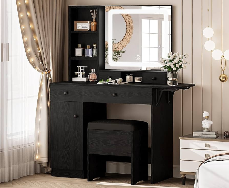 LIKIMIO Vanity Desk with Drawers & LED Lighted Mirror & Power Outlet & Cabinet, Storage Stool, St... | Amazon (US)