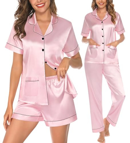 SWOMOG 3 Piece Pajama Set for Women Silk Satin Pjs Short Sleeve Sleepwear Button Down Loungewear with 2 Pockets, Pink Small | Amazon (US)