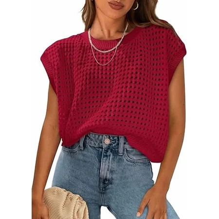 PRETTYGARDEN Womens Spring Tops Summer Shirts Crochet Cap Sleeve Sweater Pullover Cute Crew Neck Beach Cover Ups | Walmart (US)