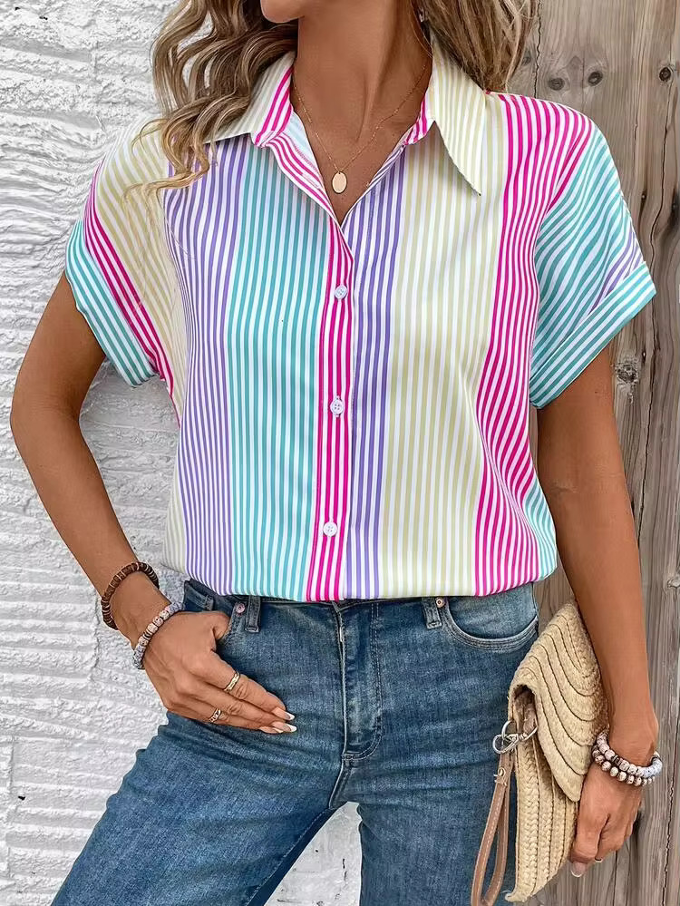 EMERY ROSE Women's Fashion Colorful Striped Shirt (Flower Cut) | SHEIN