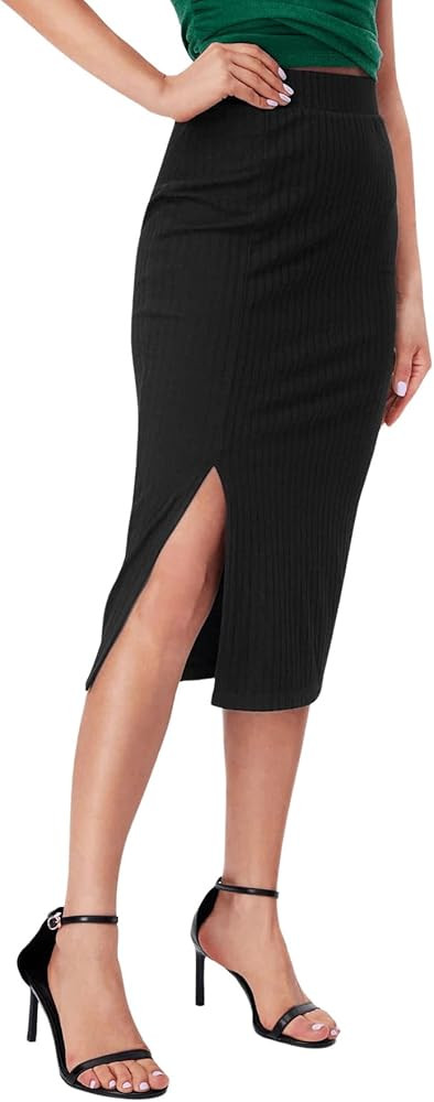 GORGLITTER Women's Slit Ribbed Knit Bodycon Midi Skirt Side Split High Waisted Knee Length Pencil... | Amazon (US)