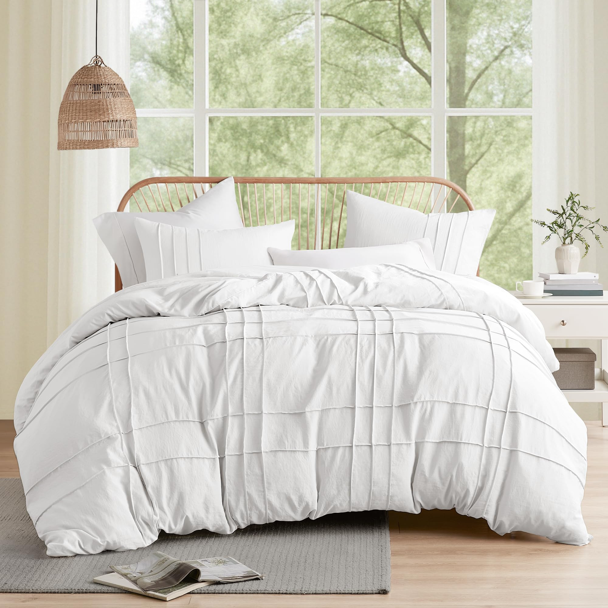 Comfort Spaces White King Size Duvet Cover Set - 3 Pieces Pintuck Pleated Duvet Cover, All Season... | Amazon (US)