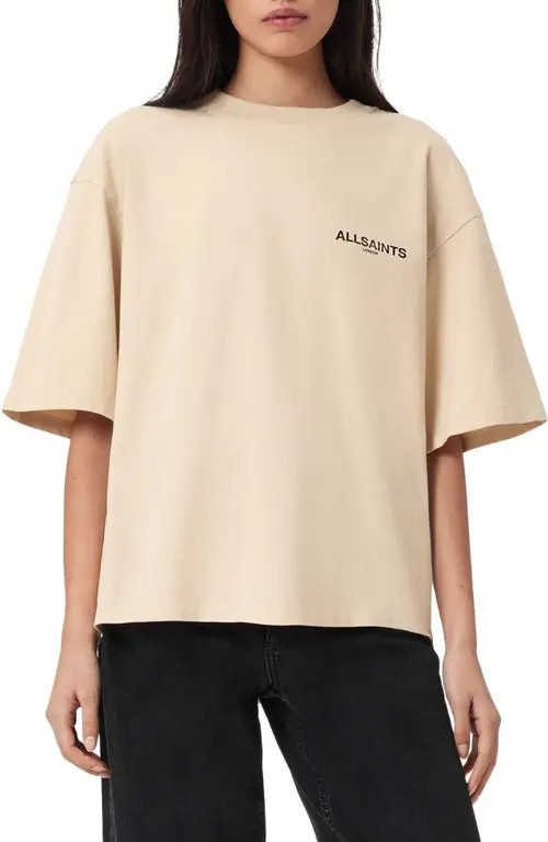 AllSaints Halis Amelie Oversize Cotton Graphic T-Shirt in Sandy White at Nordstrom, Size Large | Nordstrom