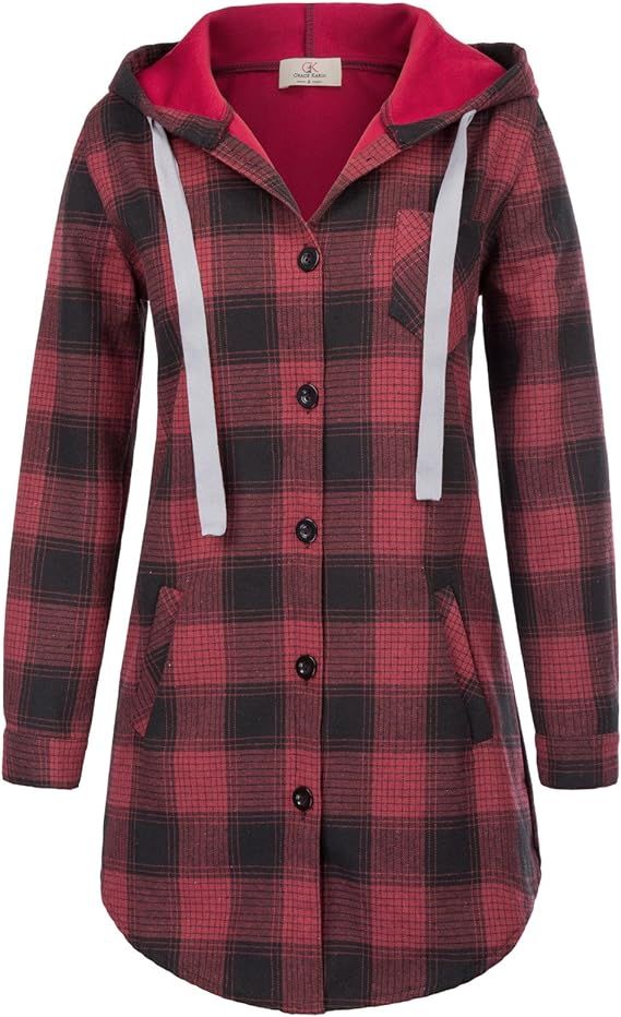 GRACE KARIN Women Flannel Button Down Top with Pockets Solid Color Long Sleeve Hooded Jacket | Amazon (US)