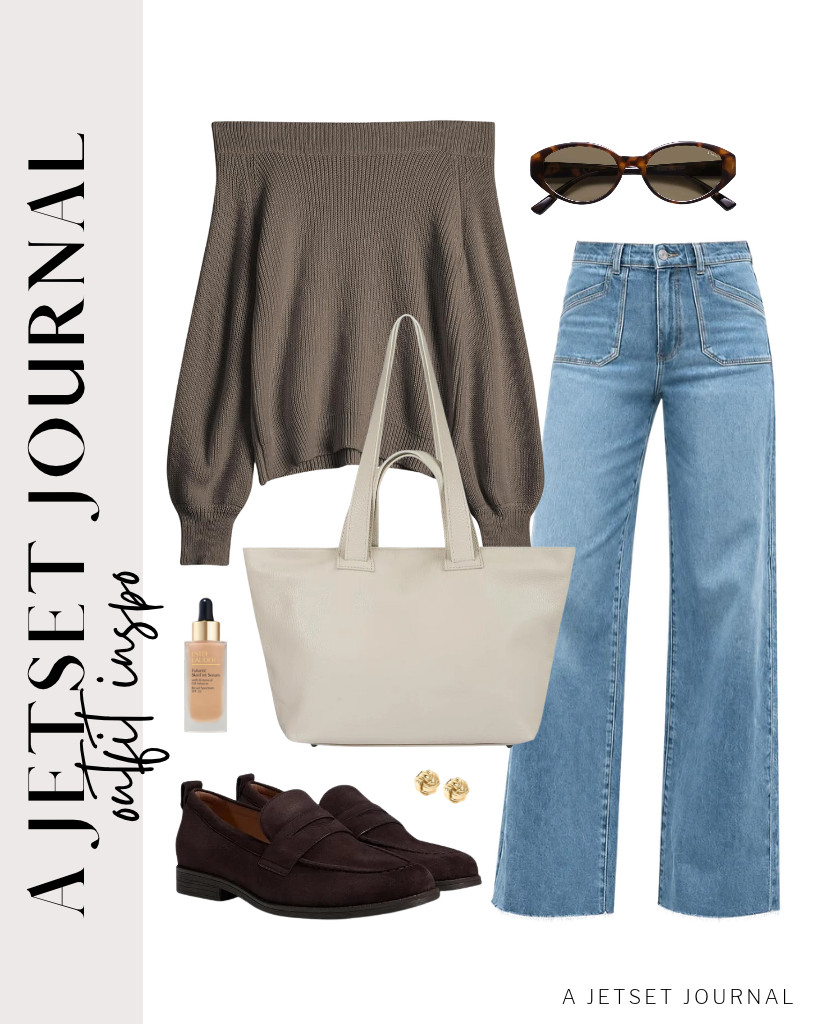 For a brown ZAFUL off-the-shoulder knit top and Cicy Bell wide-leg jeans combo, you can wear these dark chocolate suede Cole Haan Stassi loafers and SOJOS retro oval polarized sunglasses. These PAVOI love-knot earrings are also perfect for this fit.  

 #LTKSeasonal #LTKSaleAlert #LTKTravel