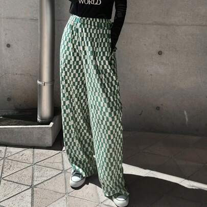 Women Casual Checkered Print Loose Fit Pants, For Autumn | SHEIN