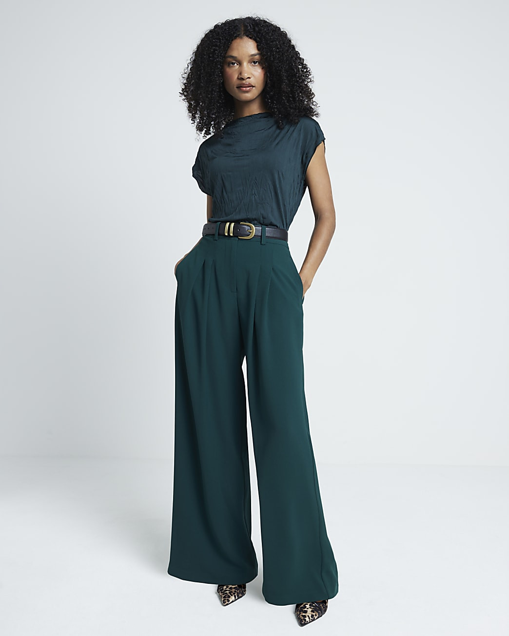 Green Pleated Wide Leg Trousers | River Island (UK & IE)