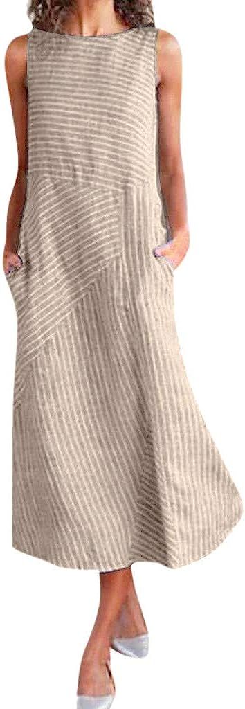 TOPUNDER Women Casual Striped Sleeveless Dress Crew Neck Linen Pocket Long Dress | Amazon (US)