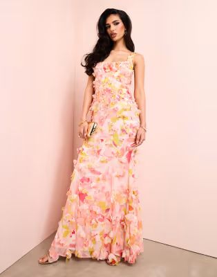 ASOS LUXE 3D floral ruffle maxi dress with tie back in floral print | ASOS (Global)