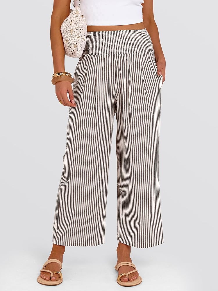 ANRABESS Women Striped Gingham Wide Leg Palazzo Pants Casual Lounge Cropped PJ Bottoms Comfy Cute... | Amazon (US)