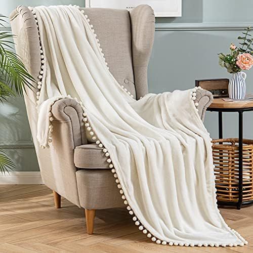 MIULEE White Throw Blanket with Pom Pom Fringe, Flannel Fleece 50x60 Inches, Super Luxury Lightwe... | Amazon (US)