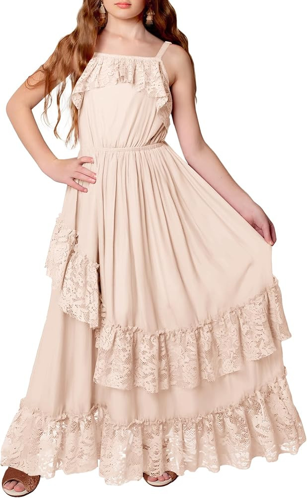 MITILLY Girls Boho Lace Flower Dresses Spaghetti Strap A-Line Ruffle Tiered Flowy Wedding Party M... | Amazon (US)