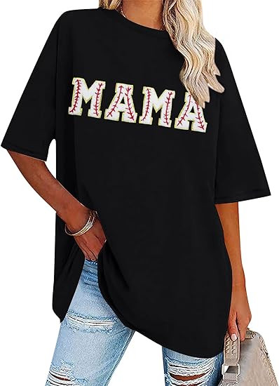 Baseball Shirt Women Oversized Baseball Mom Tops Chenille Baseball Letter Printed Tees Baseball M... | Amazon (US)