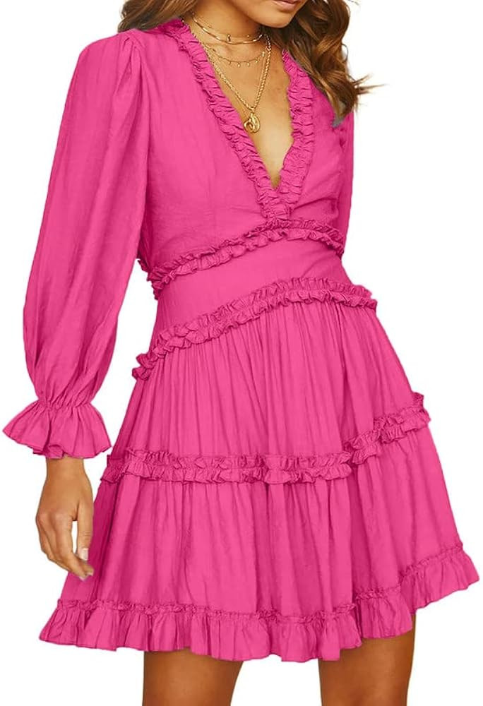 Dokotoo Womens 2025 Summer Spring Deep V Neck Ruffle Long Sleeve Open Back Flowy Mini Dress | Amazon (US)