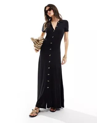 ASOS DESIGN collared linen look maxi tea dress with button front in black | ASOS (Global)