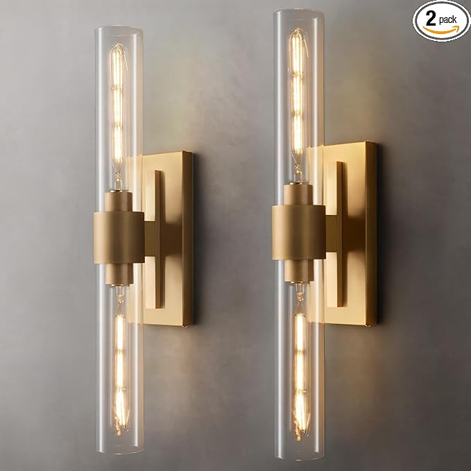 Brass Wall Sconces Set of 2 - Luxury Gold Bathroom Vanity Lights - Champagne Brushed Glass Sconce... | Amazon (US)