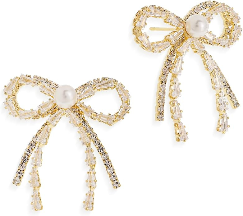 Dainty Rhinestone Pearl Bow Stud Earrings for Woman,Statement Fashion 14K Gold Cubic Zirconia Ear... | Amazon (US)