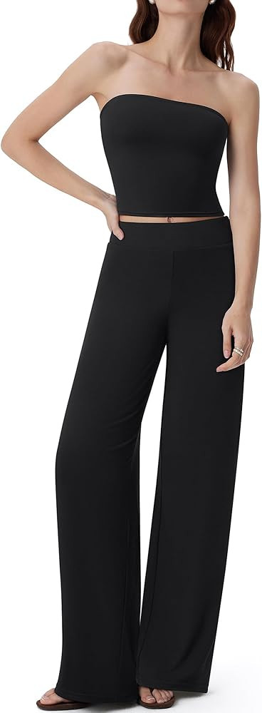 SUUKSESS Women 2 Piece Lounge Set Tube Top Wide Leg Pants Matching Sets Beach Vacation Outfits | Amazon (US)