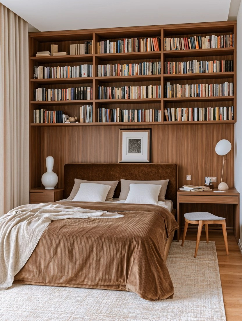 Your bedroom can hold a library too. 🤎

Most people keep books in the living room and leave the bedroom blank. But a wall of books behind the bed does something no headboard can. It makes the room feel personal, layered, and quietly intellectual.

Warm wood changes the mood here. Walnut shelves, a brown upholstered bed, cream bedding. The palette is calm, but the wall has depth. You fall asleep surrounded by everything you've read and everything you still want to.

Style it the way you'd style a living room wall. Books you love, a little art worked in, space to breathe. The bedroom deserves the same intention as every other room.

I've linked tall walnut bookcases, brown upholstered beds, and the white lamps from this look. 

 #elegantanddriven #bedroomdecor #homelibrary #bookshelfstyling #interiordecor