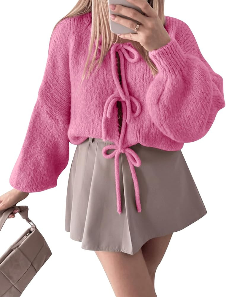 Kissonic Women's Tie Front Bow Cardigan Sweaters Y2K Bow Puff Long Sleeve Jacket 2024 Fall Trendy... | Amazon (US)