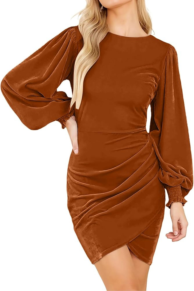 Valiamcep Women's Long Sleeve Velvet Dress Round Neck Puff Sleeve Cocktail Ruched Wrap Bodycon Mi... | Amazon (US)