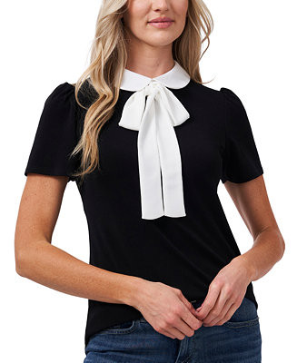 Women's Short Sleeve Collared Bow Neck Knit Top | Macy's