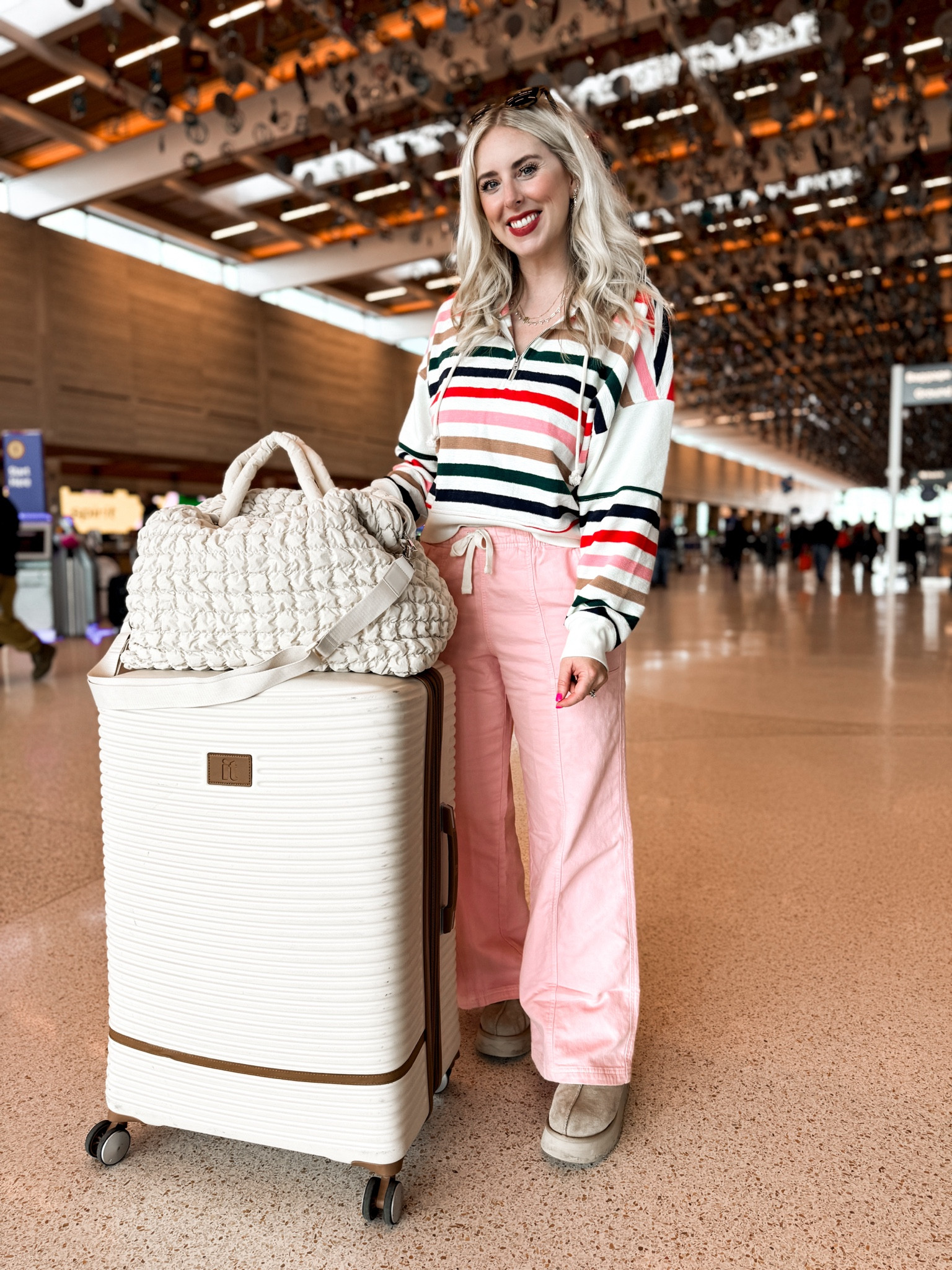 Travel outfit, airport outfit, aerie, American Eagle, pink pants, striped pullover, luggage, suitcase, travel style, weekender bag

#LTKsalealert #LTKtravel #LTKfindsunder50