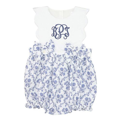 Blue And White Floral Scalloped Bow Bubble | Cecil and Lou