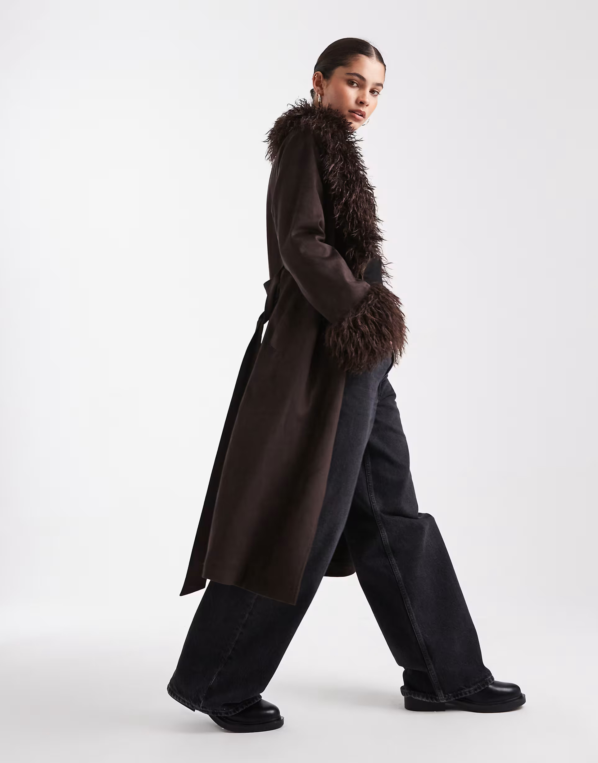 New Look belted suedette faux fur mixed coat in brown | ASOS | ASOS (Global)