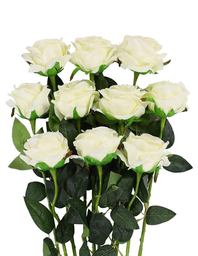 Luyue Artificial Silk Rose Flower Bouquet Wedding Party Home Decor, Pack of 10(Style 1-Off White) | Amazon (US)