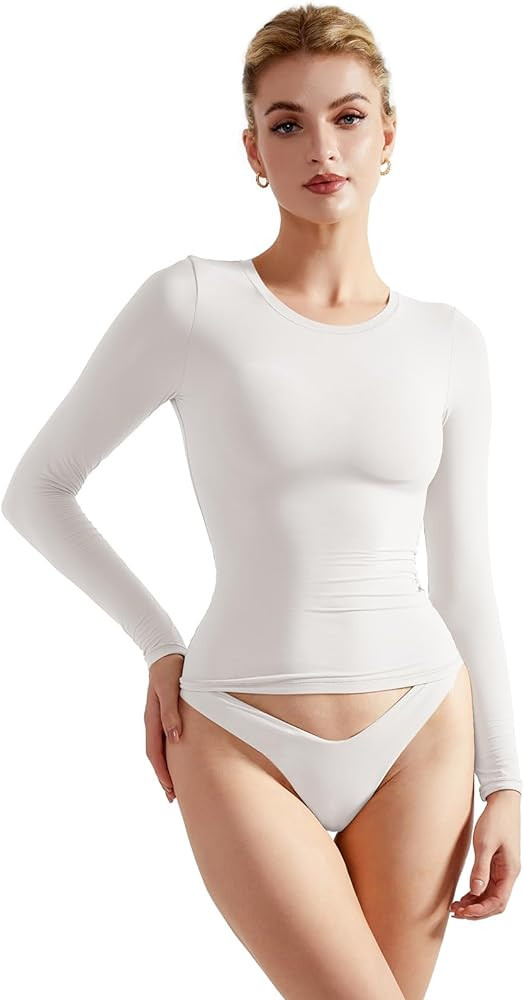 SUUKSESS Women Double Lined Fitted Basic T Shirts Crew Neck Long Sleeve Crop Top | Amazon (US)