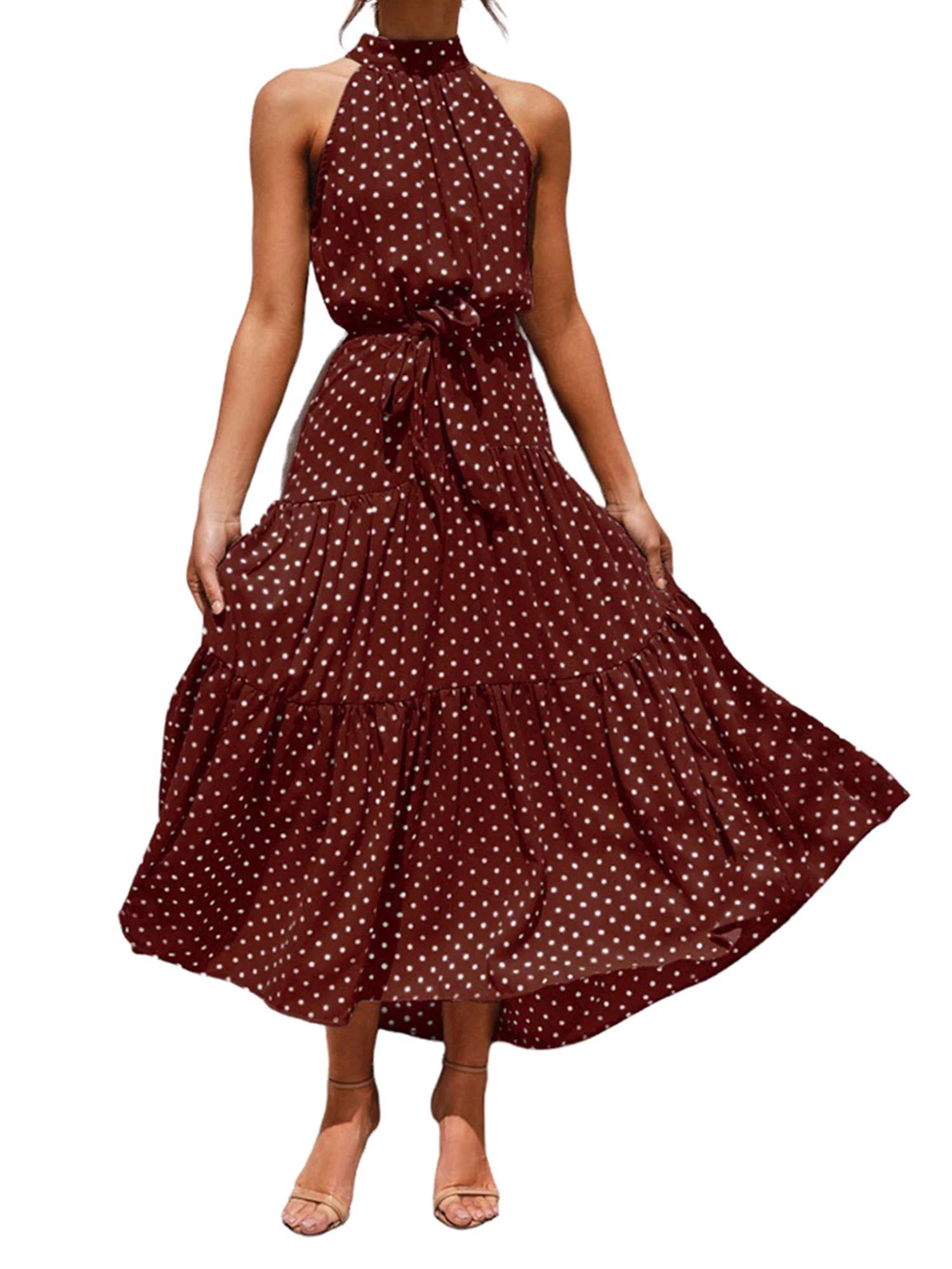 DYMADE Women Elegant Polka Dot Print Lace Up Ankle-Length Dress | Walmart (US)