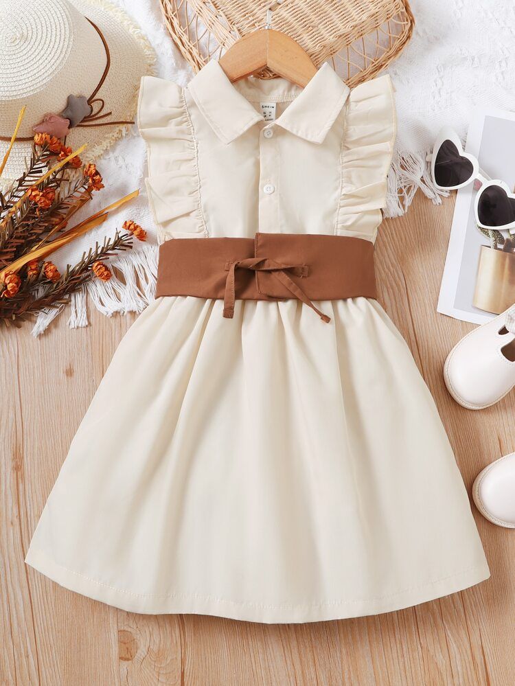 Toddler Girls Ruffle Trim Belted Shirt Dress | SHEIN