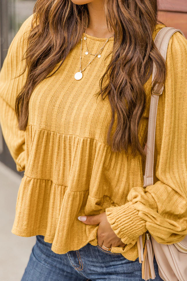 Opposite Sides Mustard Tiered Pointelle Knit Blouse | The Pink Lily Boutique