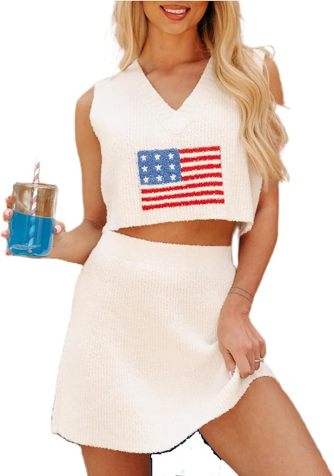 Luckinbaby Women American Flag Summer Sweater Set Sleeveless Crop Tank Top Mini Skirt Set 2 Piece... | Amazon (US)