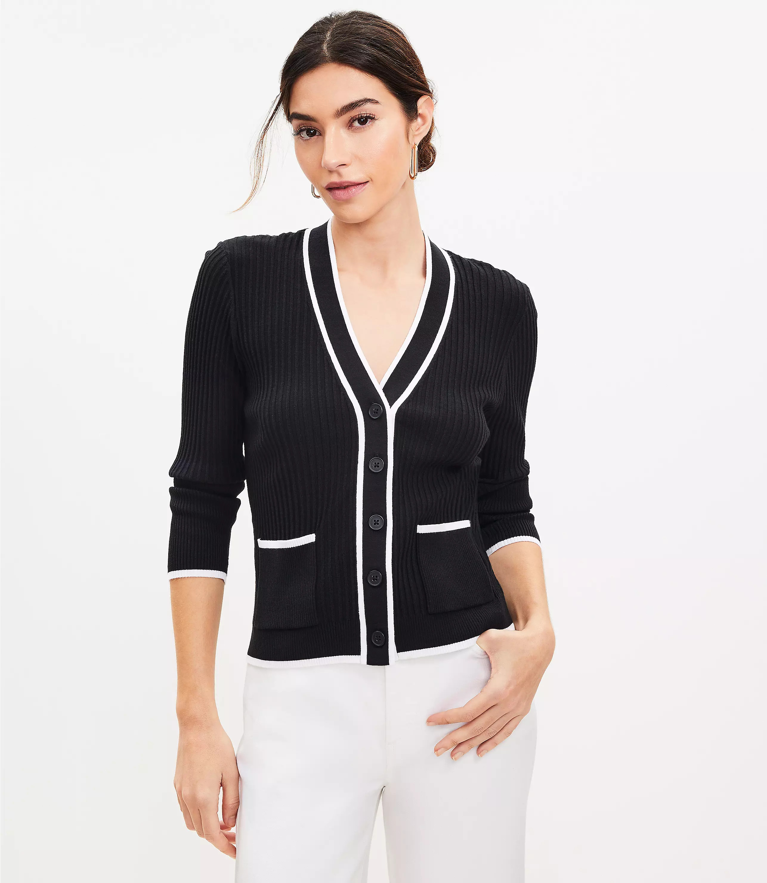 Tipped Ribbed V-Neck Pocket Cardigan | LOFT