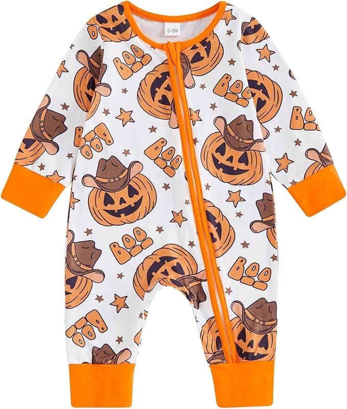 FIOMVA Baby Boy Girl Halloween Outfit Newborn Boo Pumpkin Romper Infant Long Sleeve Jumpsuit West... | Amazon (US)