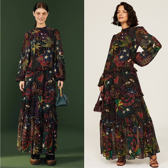 FARM RIO Tropical Print Puff Long Sleeve Mockneck Tiered Ruffle Maxi Dress XS | Poshmark