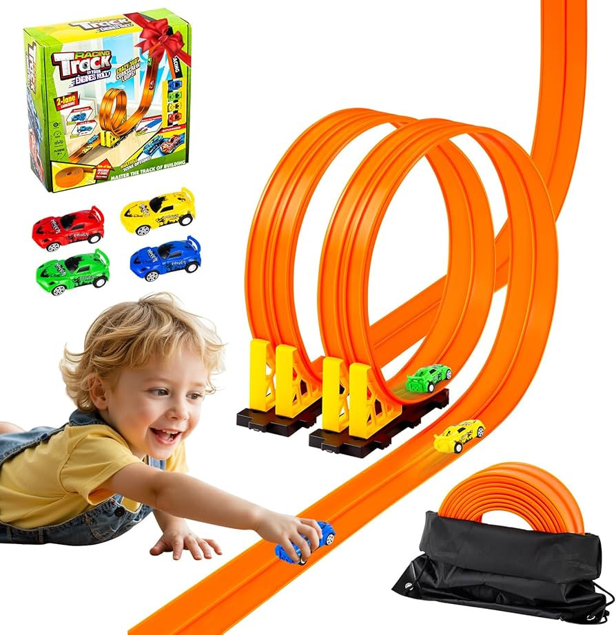 16.4 Ft Flexible Race Track for Kids, Portable DIY Roll-Up Flex Race Car Tracks with Suction Cups... | Amazon (US)