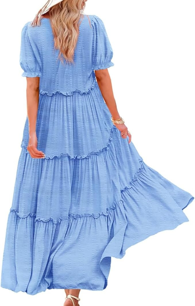 Women's Summer Dress, Fashionable Beach Vacation Style, Puff Sleeve Long Casual Bohemian Floral D... | Amazon (US)