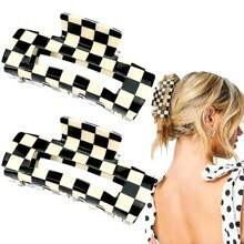 PCS Checkered Hair Claw Clips Square Checker Barrettes Cute Non Slip Hair Jaw Clips Strong Hold Rectangle Hair Claw Multicolored Plaid Vintage Checker | SHEIN