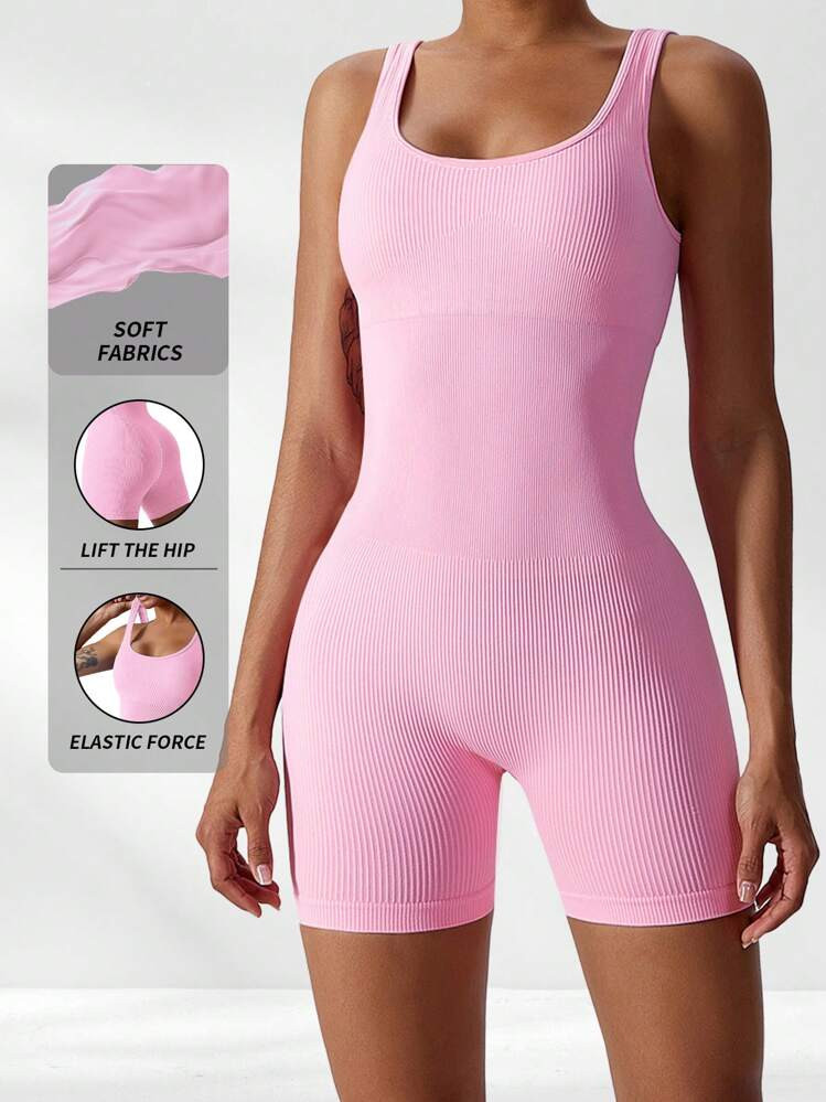 Yefecy Solid Color Ribbed Seamless Yoga Jumpsuit, Ribbed Solid Color Fashion Sports Jumpsuit, Hig... | SHEIN
