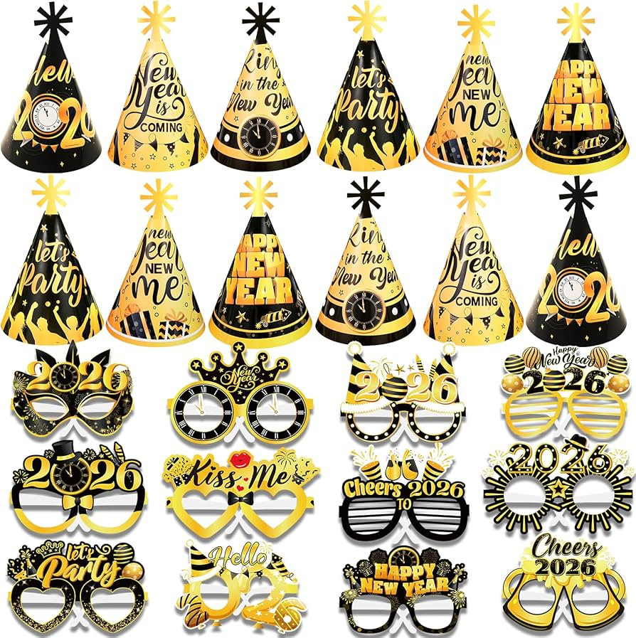 HOWAF 36pcs Black Gold New Years Eve Party Supplies 2026 NYE Party Favors, New Years Eve Hats Pap... | Amazon (US)