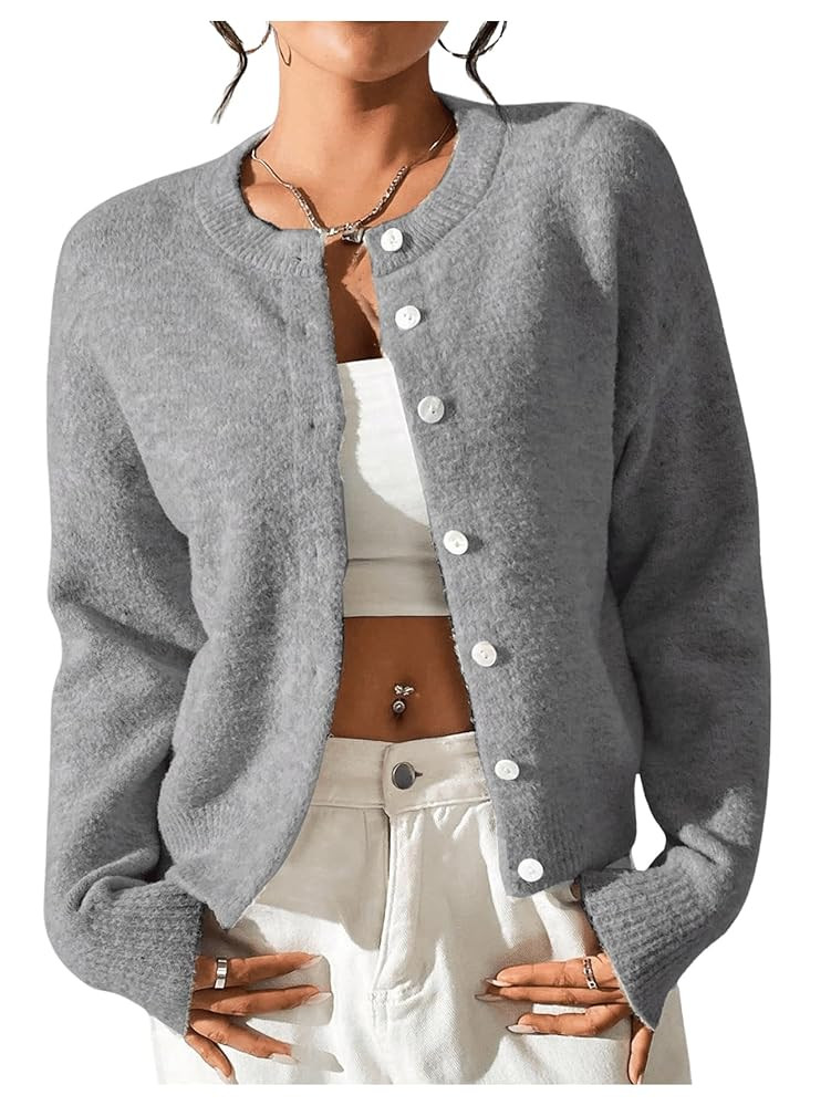 SweatyRocks Women's Button Up Crew Neck Cardigan Long Sleeve Knitted Sweater Outwear | Amazon (US)