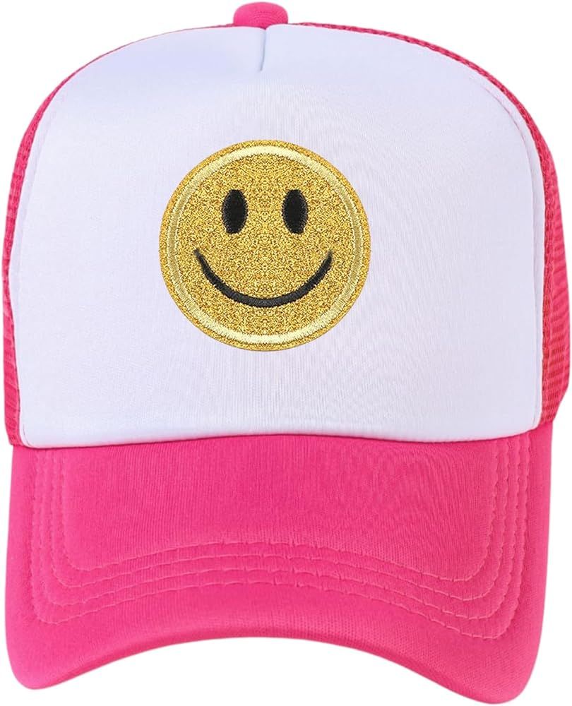 Womens Trucker Hat Mesh Neon Preppy Hats with Sequins Smile Patch Y2K Hat Retro Baseball Cap | Amazon (US)