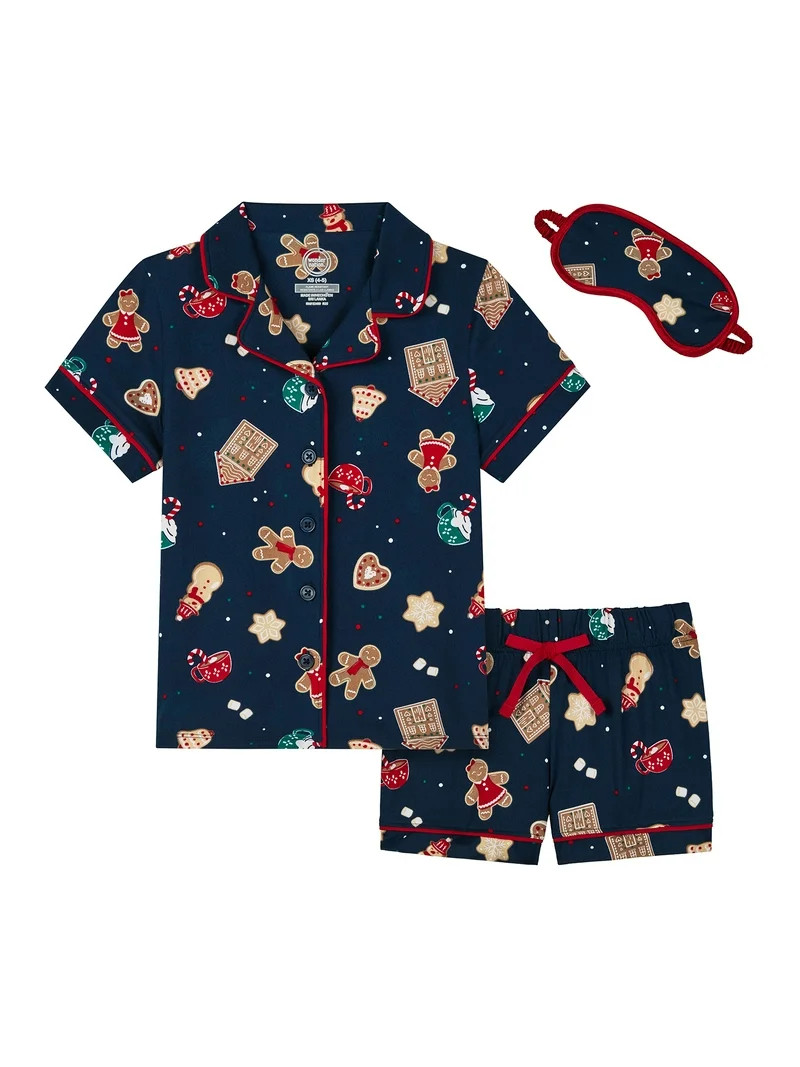 Wonder Nation Girls Short Sleeve Button Front Pajama Top and Shorts Set with Eyemask, 3-Piece, Si... | Walmart (US)