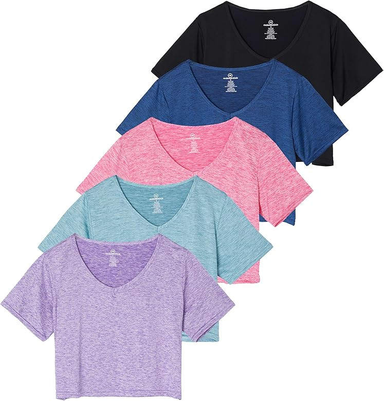Real Essentials 5 Pack: Women's Dry-Fit Short Sleeve V-Neck Crop Top Boxy Athletic Tee | Amazon (US)