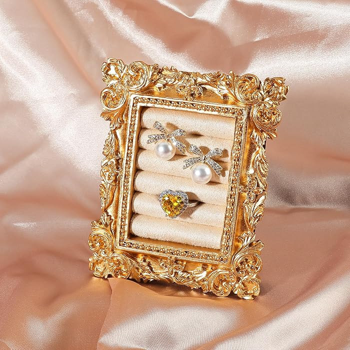 Vintage Ring Holder Rectangle Gold Velvet Display Stand - Baroque Jewelry Organizer Box Tray for ... | Amazon (US)