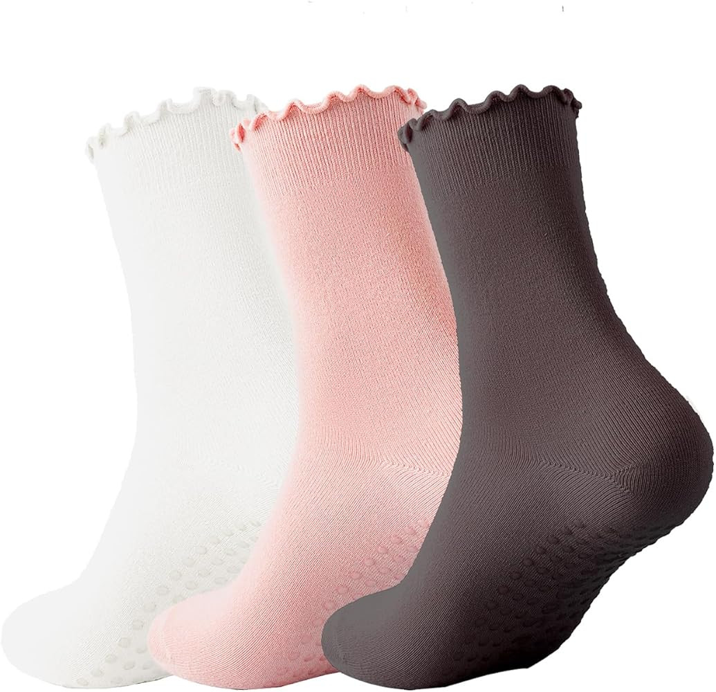 3 Pairs Pilates Socks with Grips Non-slip Ruffle Yoga Sock Grip Sock for Women | Amazon (US)